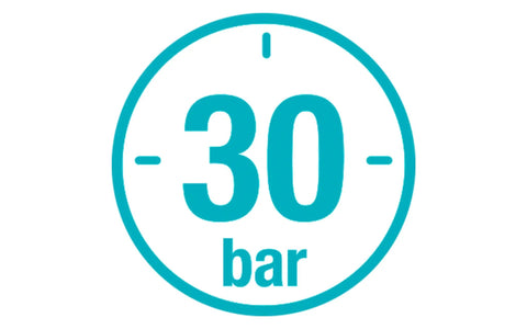 Gauge displaying 30 bar pressure suitable for Ultra Flexible Garden Hose With No Kinks And Twist Resistant Double Helix Carbon Reinforcement One Half Inch By One Hundred Feet Soft Yet Tough For Easy Handling And Tangle Free Watering In All Conditions