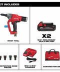 Cordless 1 Quarter Inch Blind Rivet Kit No Air Hose Portable M18 System Cranks 500 Rivets Per Charge Zero Weight Onsite Jobs Fast Install Snug Fit For Pros And Mechanics Repairing Metal Frames Today Eliminates Air Lines Forever. kit includes tool, two batteries, charger and bag