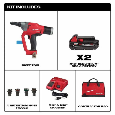 Cordless 1 Quarter Inch Blind Rivet Kit No Air Hose Portable M18 System Cranks 500 Rivets Per Charge Zero Weight Onsite Jobs Fast Install Snug Fit For Pros And Mechanics Repairing Metal Frames Today Eliminates Air Lines Forever. kit includes tool, two batteries, charger and bag