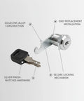 Cabinet Cam Lock Replacement For Office Desks And Wardrobes, silver zinc alloy finish with key, durable locking mechanism
