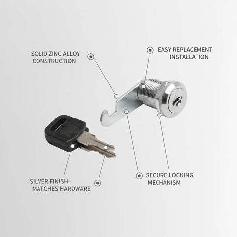Cabinet Cam Lock Replacement For Office Desks And Wardrobes, silver zinc alloy finish with key, durable locking mechanism
