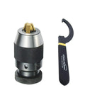 Heavy Duty Keyless Drill Chuck One Sixty Fourth To One Half Inch Range With Titanium Jaws And JT Mount shown with tool