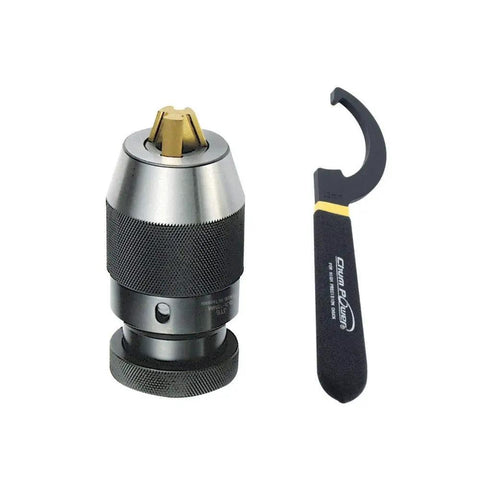 Heavy Duty Keyless Drill Chuck One Sixty Fourth To One Half Inch Range With Titanium Jaws And JT Mount shown with tool