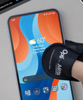 Fleisher's Opti-Mitts finger cleaning mitt for glasses, black microfiber, worn on finger while cleaning a smartphone screen