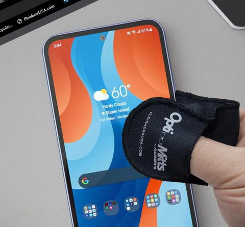 Fleisher's Opti-Mitts finger cleaning mitt for glasses, black microfiber, worn on finger while cleaning a smartphone screen