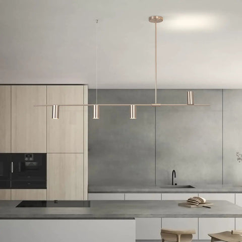 Sleek Modern 4 Light Linear Pendant Chandelier For Dining Room Kitchen Island And Living Room With GU10 Bulbs Dimmable 110V Nickel Finish 47.8 Inch Long Ceiling Light Fixture above a minimalist kitchen island.