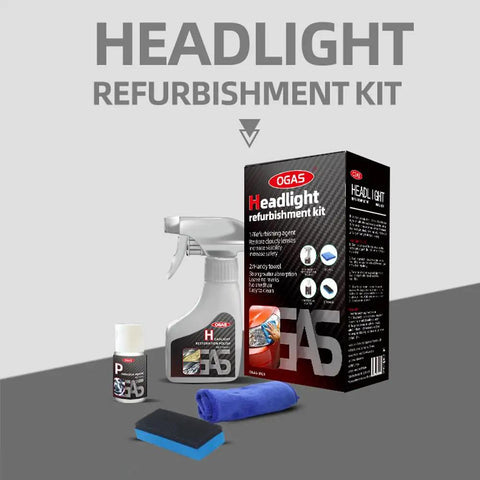 DIY All Vehicle Headlight Restoration Kit With Refurbishing Agent And Cleaning Towel For Cloudy Yellowed Oxidized Headlamps Pro Grade Car Light Makeover That Lasts, featuring spray bottle and towel.