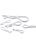 Assortment of zinc plated hair pin cotter pins in various sizes, part of the Heavy Duty Zinc Plated Hair Pin Cotter Pin And Hitch Pin Assortment Kit 150 Pieces In Six Sizes Clear Storage Box Corrosion Resistant Steel Fasteners For Trailers Auto Farm Equipment And Outdoor Projects.