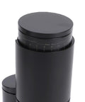 Top Shelf Portable Burr Coffee Grinder Featuring 38mm Stainless Steel Conical Blades And Anti Static Magnetic Cup, black grind box top view.