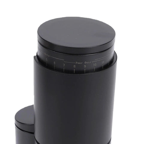 Top Shelf Portable Burr Coffee Grinder Featuring 38mm Stainless Steel Conical Blades And Anti Static Magnetic Cup, black grind box top view.