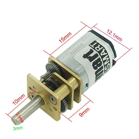 Close-up of Two Pack N20 Micro Gearbox Motor 12V D Shaft Mini Motor Reducer 12mm Gearbox with size labels visible