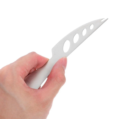 Close-up of hand holding cheese knife from Travel Friendly 5 Piece Cheese Knife Set With Butter Spreader Stainless Steel Utensils