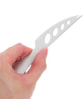 Hand holding a stainless steel knife from Five Piece Cheese Knives Set Stainless Steel Grab And Go Design For Home Camping And Picnics Easy Cutting Spreader Tools For Cream Cheese Jam And Soft Cheeses