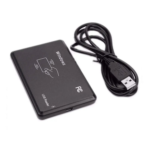 125KHz EM4100 USB RFID ID Card Reader Plug And Play With Cable, compact design and built-in buzzer, shown with USB cable