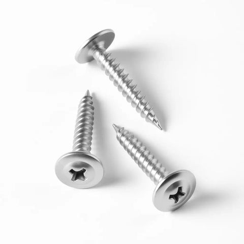 Heavy Hitter Truss Head Wood And Metal Screws With Aggressive Self Tapping Threads And Rust Resistant Coating One Hundred Count shown in stainless steel.