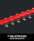 Close-up of Hedge Trimmer 17 Inch Corded with dual action blades for fast cuts, showing blade detail on dark background.