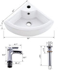 Dope Space Saving Wall Mount Corner Sink With Faucet 18x13 Inch White Porcelain Vessel Sink With Overflow Triangular Mini Vanity For Small Bathrooms Modern Ceramic, shown with faucet and drain dimensions.