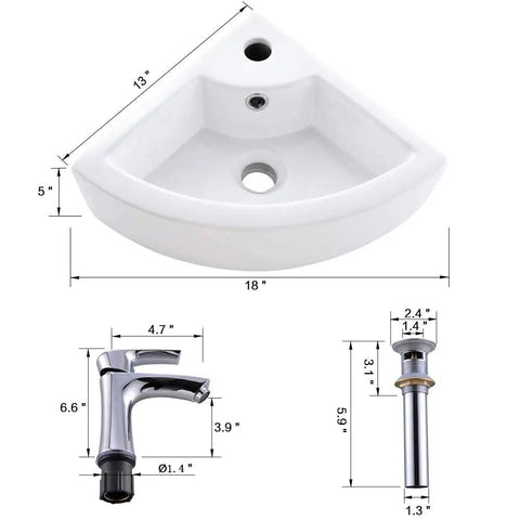 Dope Space Saving Wall Mount Corner Sink With Faucet 18x13 Inch White Porcelain Vessel Sink With Overflow Triangular Mini Vanity For Small Bathrooms Modern Ceramic, shown with faucet and drain dimensions.