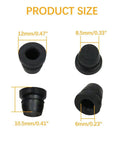 Sizes of black rubber components from 18 Piece Black Brake Dust Cover Kit Rubber Dust Stem Caps Grease Fitting Caps visible with dimensions