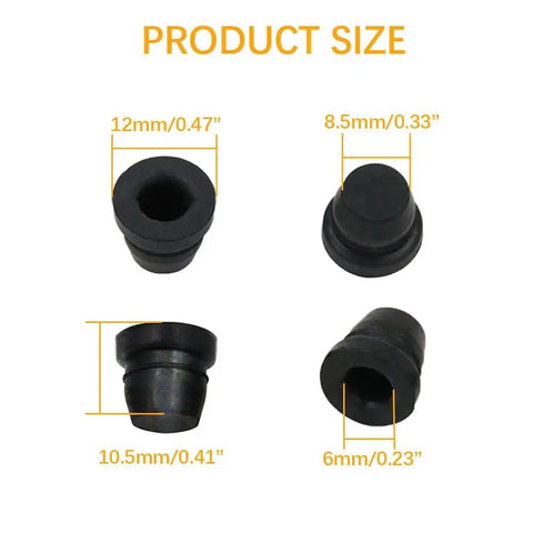 Sizes of black rubber components from 18 Piece Black Brake Dust Cover Kit Rubber Dust Stem Caps Grease Fitting Caps visible with dimensions