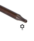 Close-up of Torx T6 bit from Anti Tamper Torx T6 Key Bit Wrench Set Pro Grade For Pros L Shaped 2.68 Inch Long Arm S2 Steel Construction.