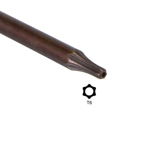 Close-up of Torx T6 bit from Anti Tamper Torx T6 Key Bit Wrench Set Pro Grade For Pros L Shaped 2.68 Inch Long Arm S2 Steel Construction.