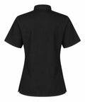 Back view of Womens Short Sleeve Double Breasted Black Chef Coat Featuring Ten Pearl Buttons And Tailored Kitchen Fit.