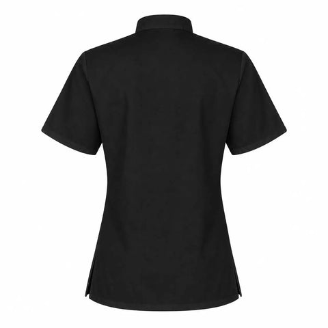 Back view of Womens Short Sleeve Double Breasted Black Chef Coat Featuring Ten Pearl Buttons And Tailored Kitchen Fit.