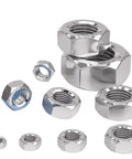 Hex nuts set, 304 stainless steel with chrome finish, assorted sizes