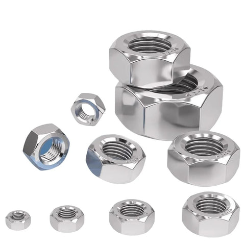 Hex nuts set, 304 stainless steel with chrome finish, assorted sizes
