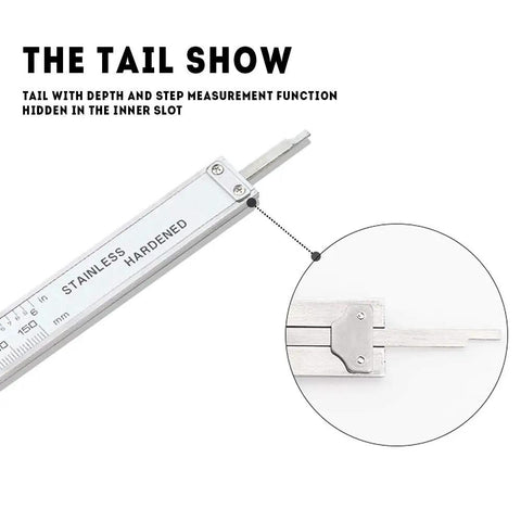 Pro Grade Vernier Caliper In Stainless Steel Hardened Chrome Plated 0 To 8 Inch And 0 To 200 Millimeter Range 0.001 Inch tail detail