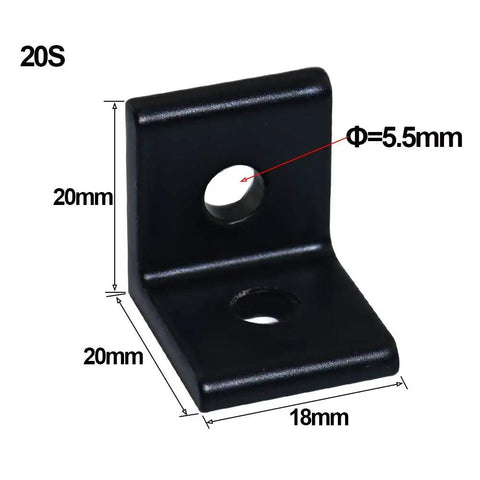 2 Hole Black 90 Degree Inside Corner Bracket Kit For 2020 Aluminum Extrusion 20x20 Profile With 6mm Slot, showing 18x20x20 mm size