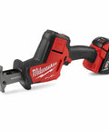 M18 Fuel One Handed Reciprocating Saw Kit Cuts Like A Hot Knife Through Butter With Minimal Vibration For Smooth Start Ups And Total Control on a close-up angle showing the saw's ergonomic grip and battery.