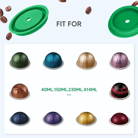 Reusable Coffee Pods And Discs For Nespresso VertuoLine And Vertuo Machines Rich Crema Version Delivers Smooth Mellow Flavor Eco Friendly Reusable Coffee Discs Easy Fill Design For Your Daily Brew with various capsule sizes and green lids
