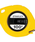 Tape Measure With Three Eighths Inch Graduations And 100 Foot Reach, Durable Steel Blade, Polymer Coated, Bright Yellow Body