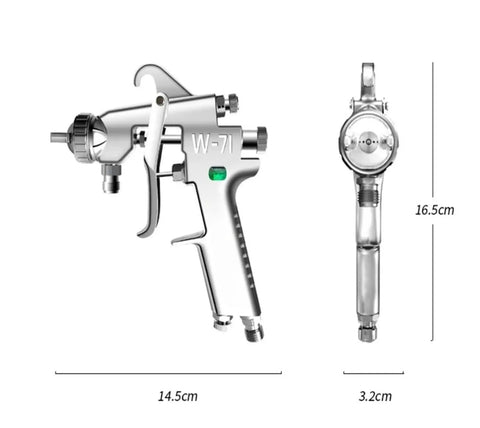 Pro Crew Grade Pneumatic Paint Sprayer Equipped With 1.3 Mm Atomizing Nozzle And Gravity Lower Tank Complete Kit side view showing dimensions for precise applications.