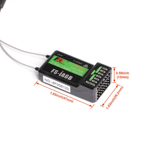 FS iA6B 6 Channel 2.4 GHz Receiver With PPM And iBus Dual Antenna AFHDS2A for Flysky transmitters, dimensions labeled