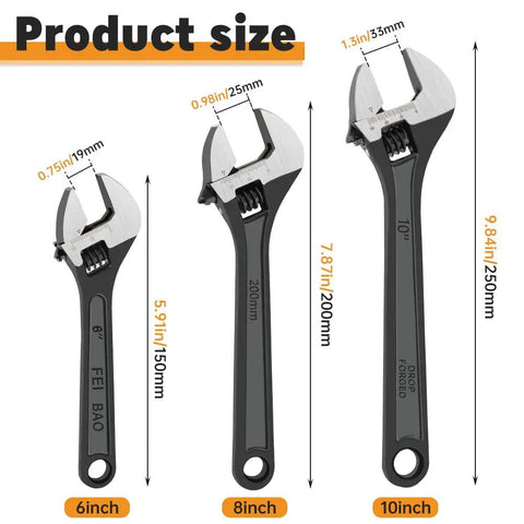 Ridiculously Handy 3-Piece Adjustable Wrench Set With 6, 8, And 10 Inch Wide Jaw Great For Auto Repairs, Plumbing, And Home Fixes