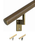 Walnut 2 Foot Flush Handrail Kit For Indoor Stairs With Genuine Wood Wrapped Aluminum Core featuring brass painted brackets