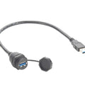 Rugged IP67 USB 3.0 A Male To Female Bulkhead Panel Mount Extension Cable 0.3M Waterproof Cap 5Gbps Data Transfer