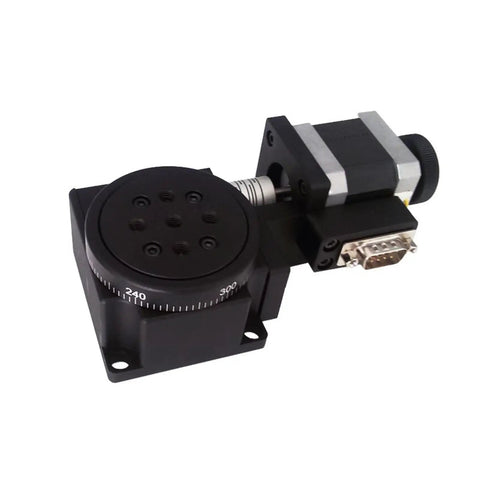 Motorized Rotary Positioning Stage 360 Degree Electric Rotary Table For Precision Alignment shown with attached motor and adjustments