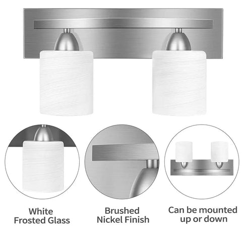 Three Light Bathroom Vanity Light Fixture With Brushed Nickel Finish And White Frosted Glass Includes Five Piece All In One Bath Set With Towel Ring Robe Hook Bar And Toilet Paper Holder For A Boss Bathroom Upgrade Modern Sleek Home Refresh, detailed view of brushed nickel and frosted glass