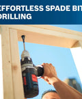 Bosch 13-Piece Daredevil Spade Bit Set in use with cordless drill drilling wood