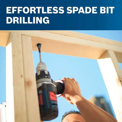 Bosch 13-Piece Daredevil Spade Bit Set in use with cordless drill drilling wood