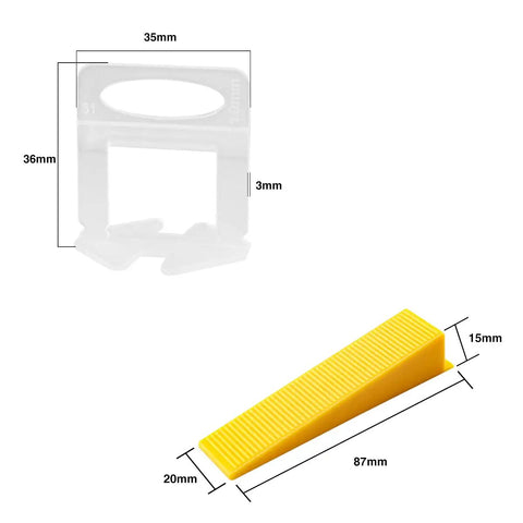 Tile Leveling System Kit One Eighth Inch With 600 White Clips 200 Red Wedges And Pliers dimensions illustration.