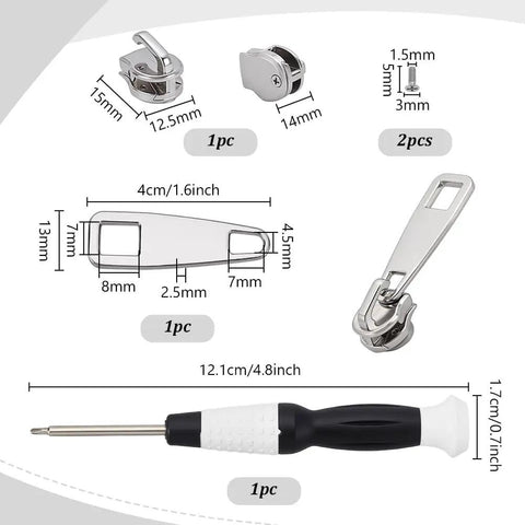Stainless Steel Zipper Repair Kit With Replacement Slider For Jackets Luggage Bags Suitcases Tents And Outdoor Gear Rust Proof 304 Zipper Head Easy Install Durable Fix You Can Trust, including sliders and screwdriver.