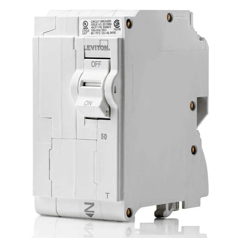 50 Amp Two Pole Plug On Standard Branch Circuit Breaker Thermal Magnetic 120 240 VAC White LB250T in white with rocker switches