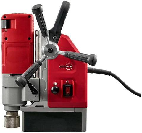 One Five Eight Inch Compact Electromagnetic Drill With 13 Amp High Torque Motor And Two Speed Transmission with control levers and magnetic base.