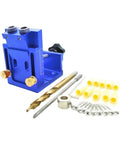 Slick Portable Pocket Hole Jig Kit With Adjustable Depth Stops And Angled Drill Guides For Knockout Wood Joinery includes aluminum and drilling tools.