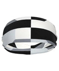 Fresh Black And White Piano Grid Print Sweatband Headband With Dope Stretchy Polyester Fabric for workout, side view showing design.